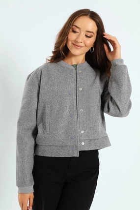 Preppy Melton Bomber Jacket - Charcoal Melange Waterproof Zipper Closure Functional Look