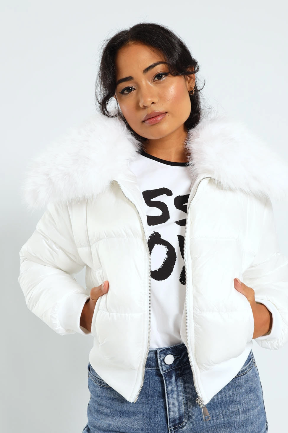 snag resistant Roll With It Puffer Jacket With Fur Collar - White