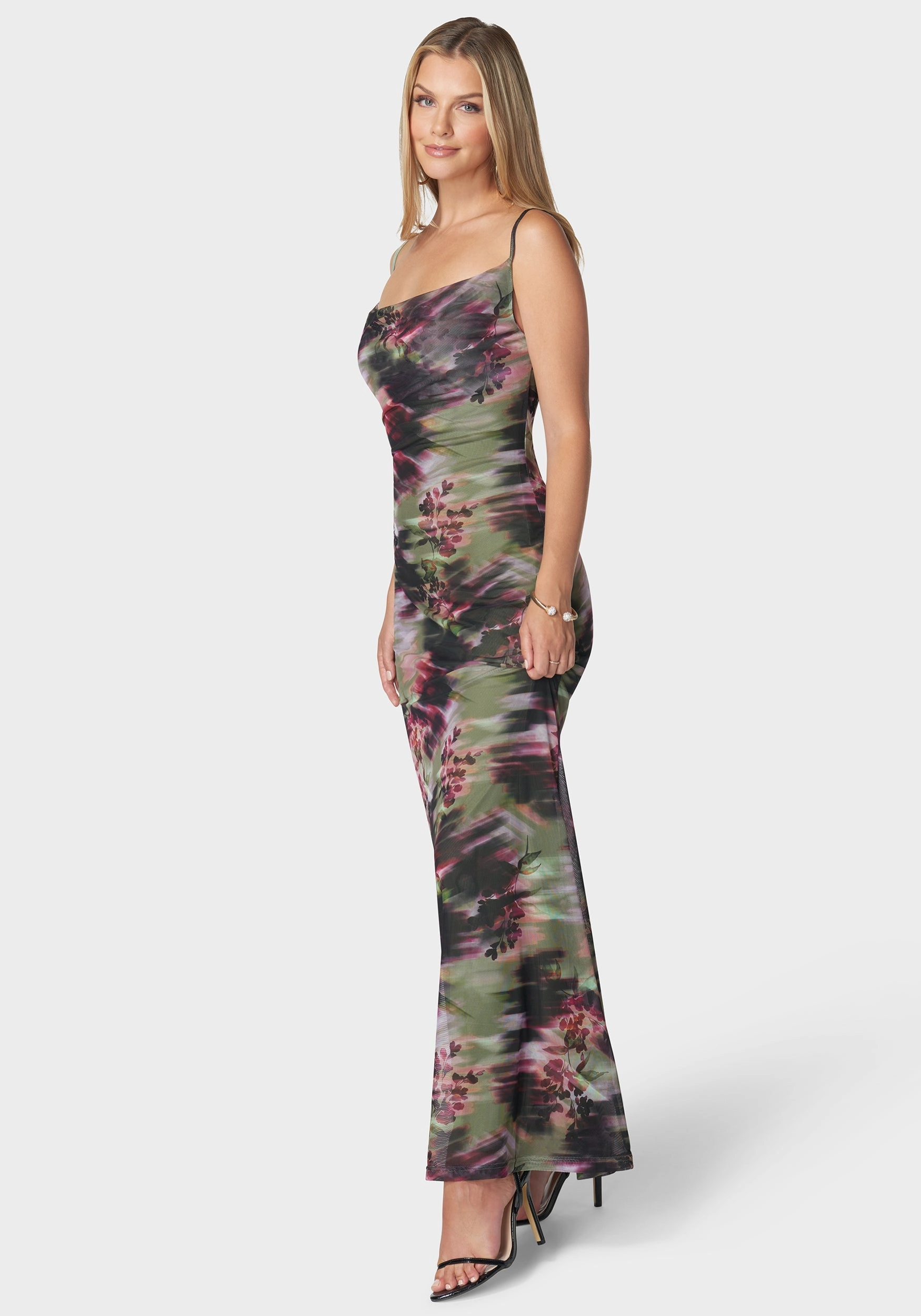 Printed Mesh Cowl Gown Standout Feature