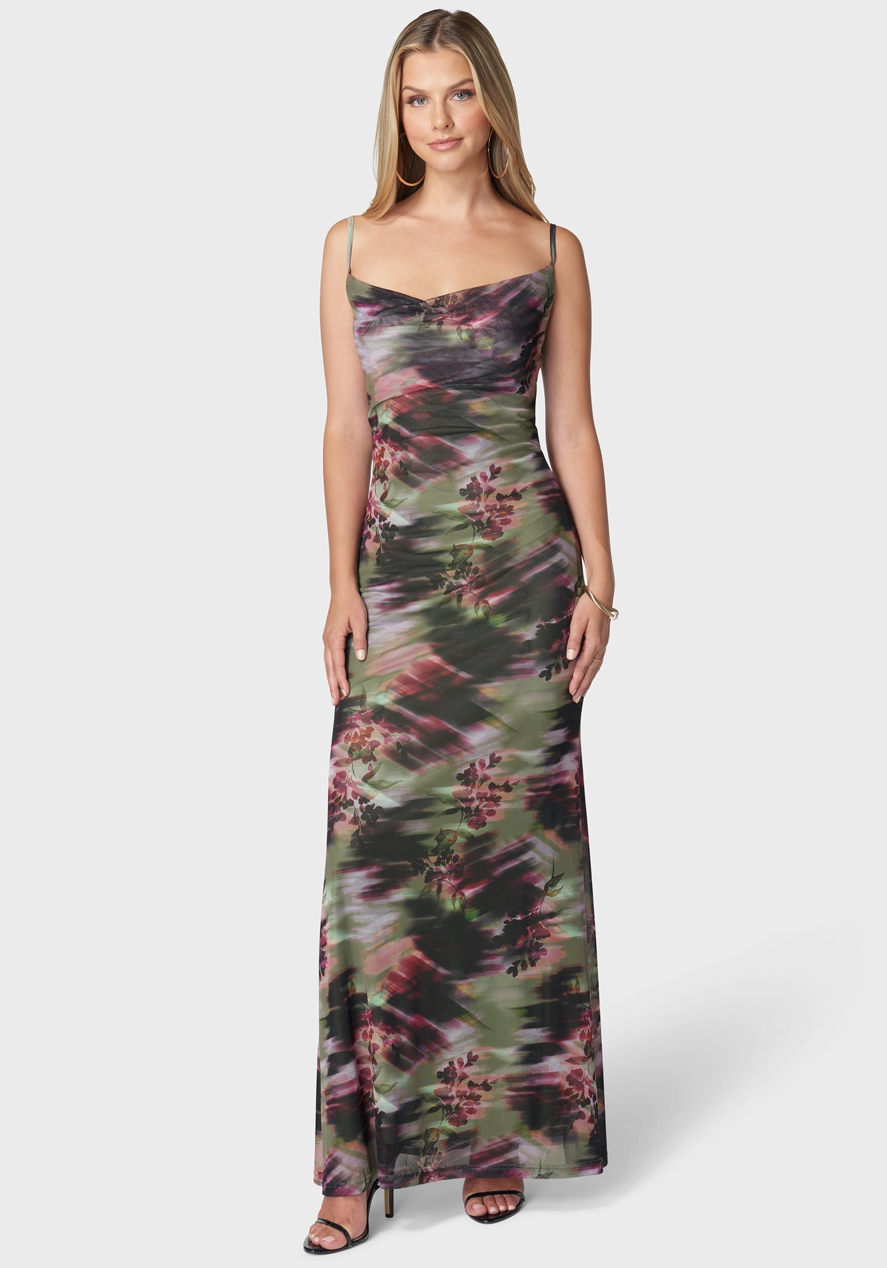 Subtle Touch Printed Mesh Cowl Gown