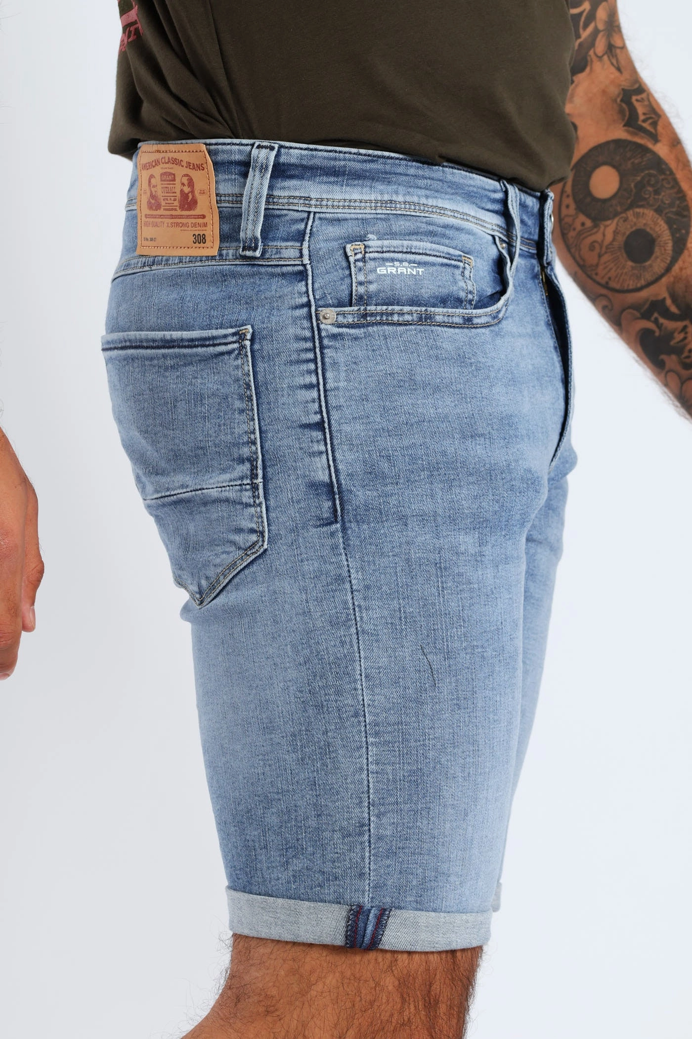 Printed Pattern Vintage Denim Short - Mid Wash Warm Look Eco Friendly Fabric