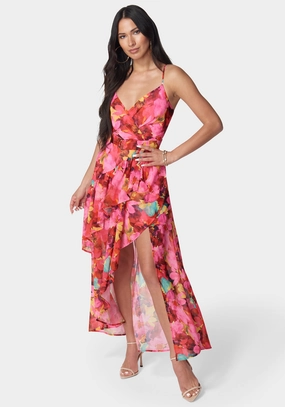 Printed Ruffle Wrap Maxi Dress Smooth Layering Cozy Vibe
