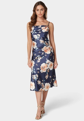 Printed Satin Slip Midi Dress Multipurpose Gentle Flow