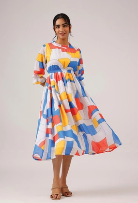 Prism White with Cubist Charm printed Lux Georgette Dress Floral Comfort