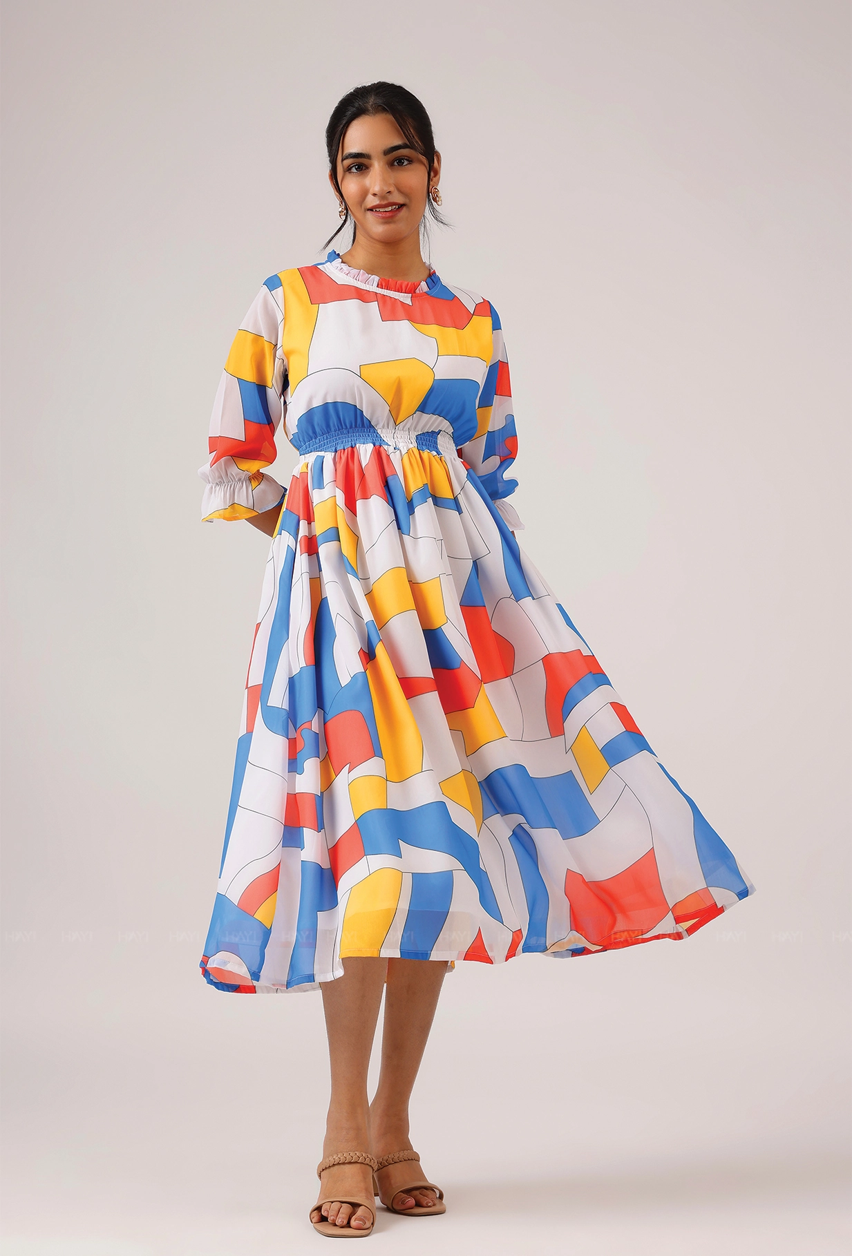 Prism White with Cubist Charm printed Lux Georgette Dress Evening Glow Minimal Detail