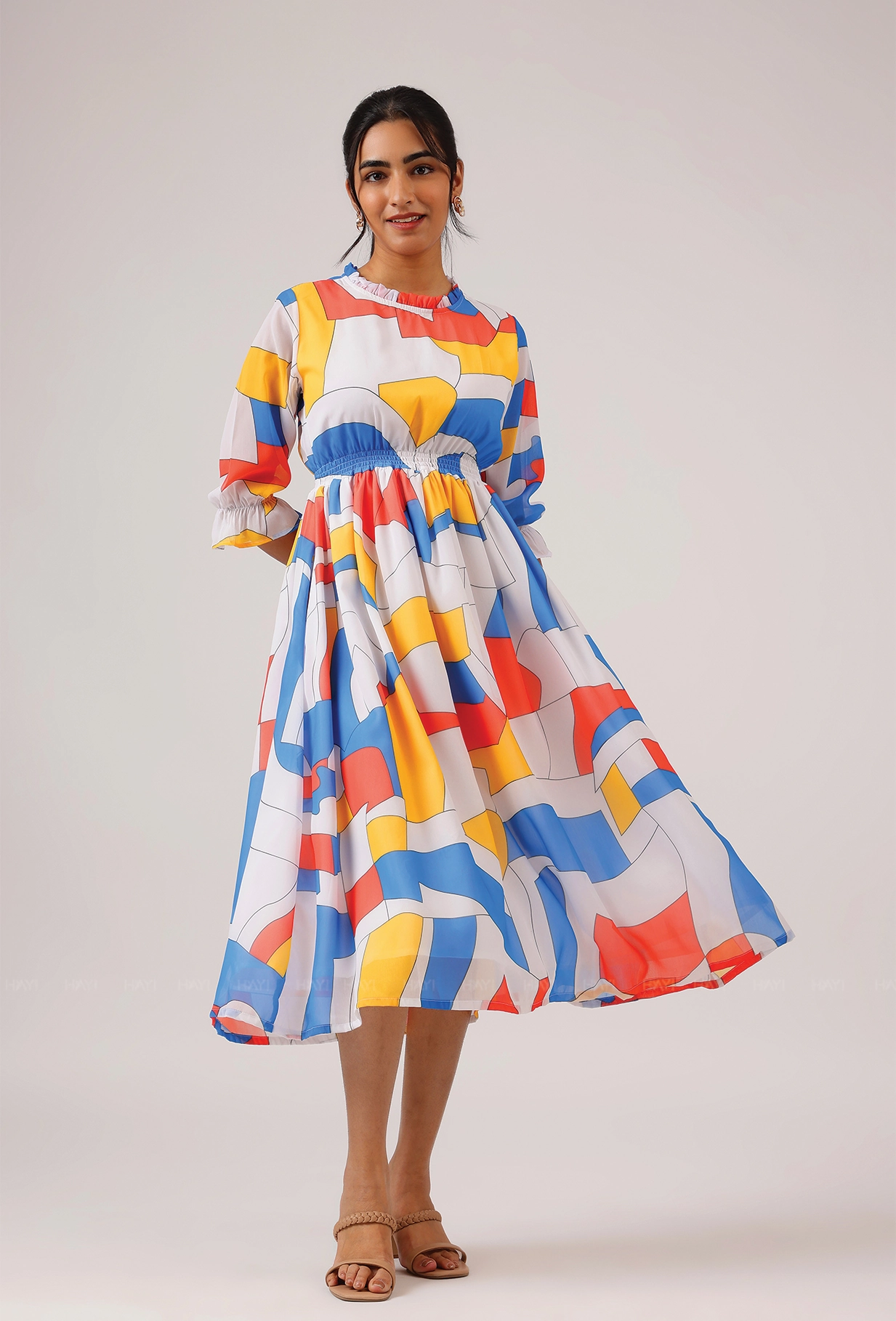 Prism White with Cubist Charm printed Lux Georgette Dress Minimal Core Travel Staple