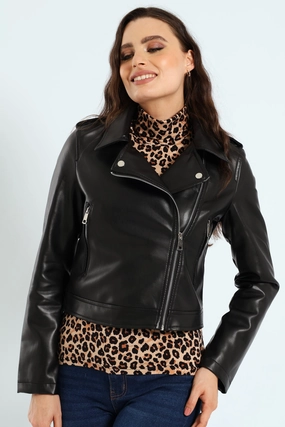 Comfort Fit Design Fleece Inside Pu Biker Jacket With Epaulettes - Black