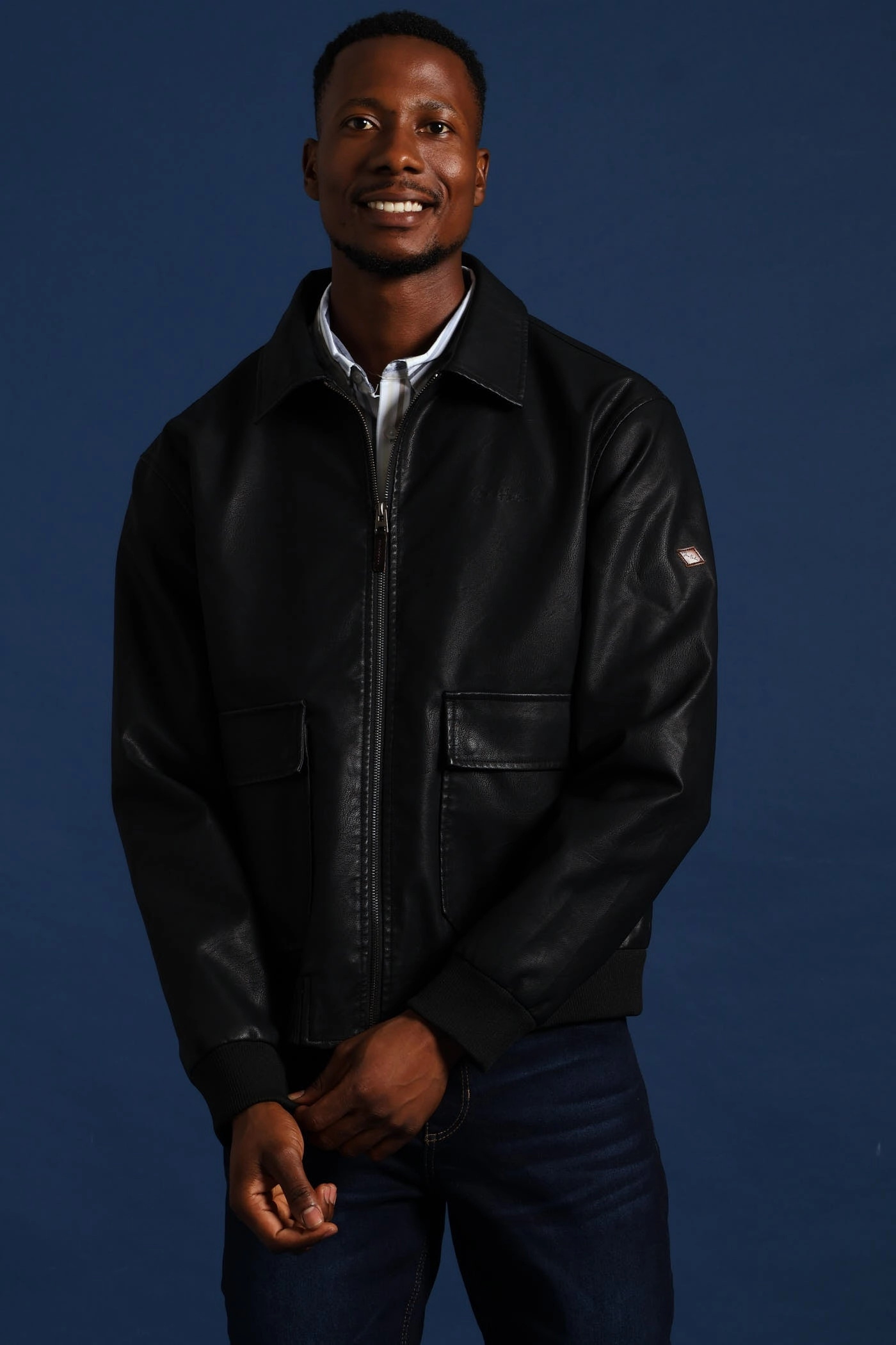 Bomber Cut PU Zip Through Bomber - Black