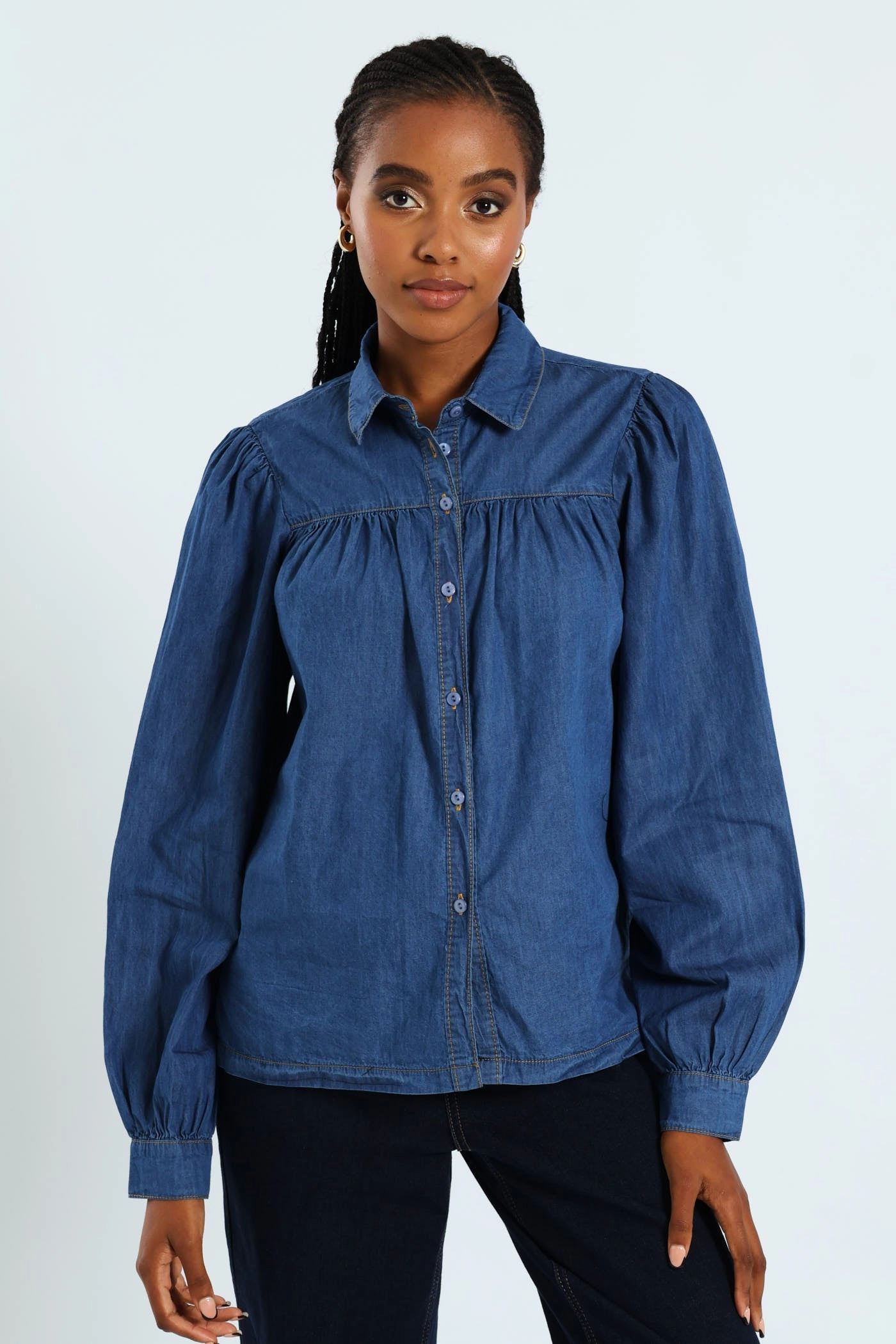 TaglessComfort Puff Sleeve Chambray Shirt - Medium Wash