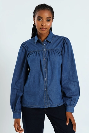 TaglessComfort Puff Sleeve Chambray Shirt - Medium Wash