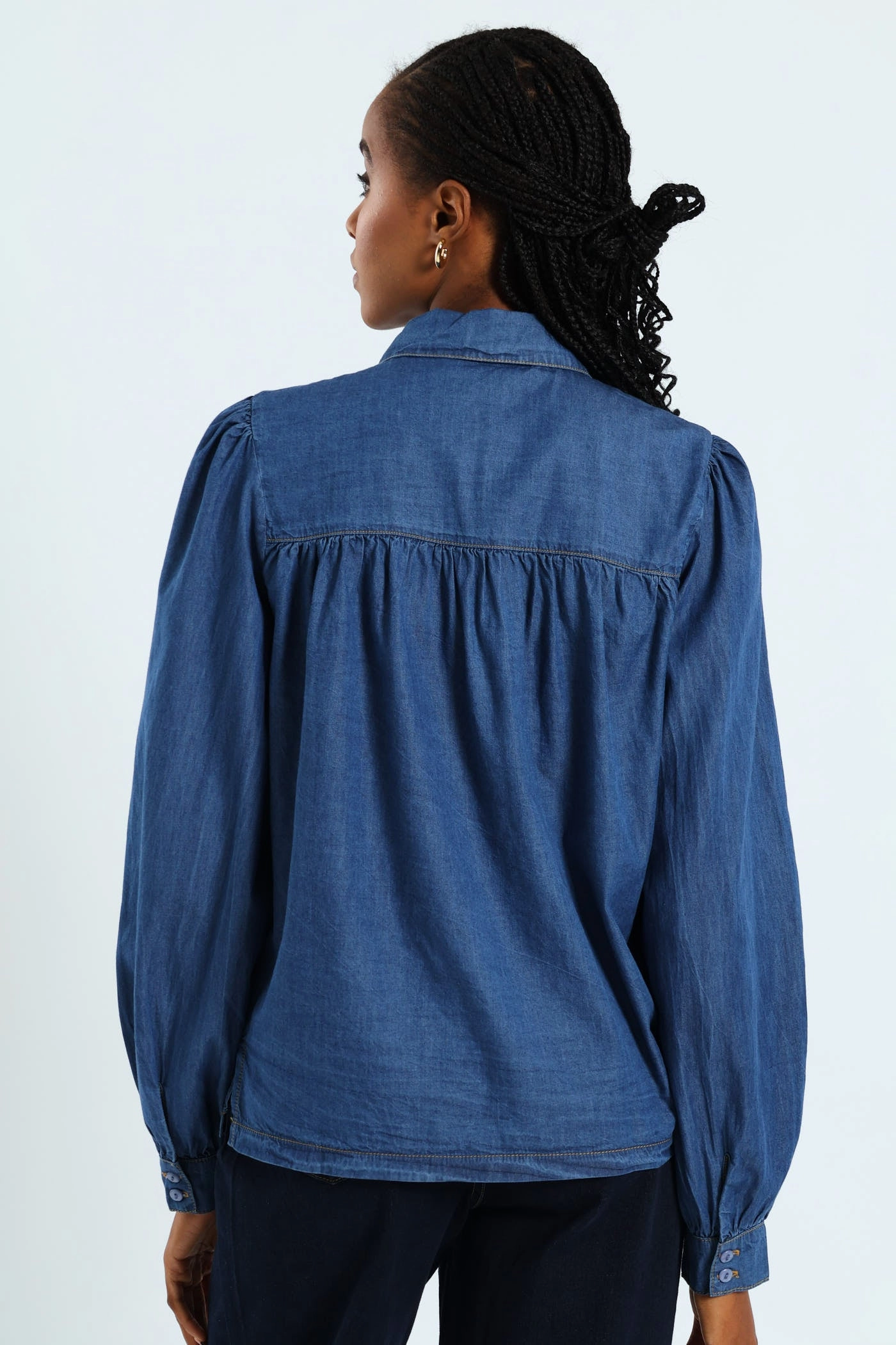 Puff Sleeve Chambray Shirt - Medium Wash Hidden Zipper Closure