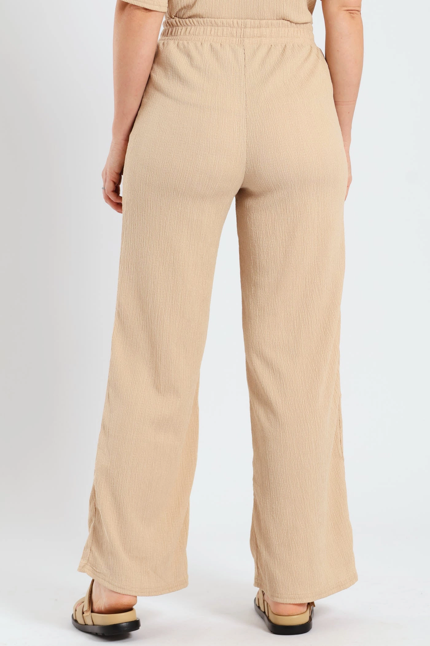 Reinforced Stitching Pull On Crinkle Wideleg Pants - Stone