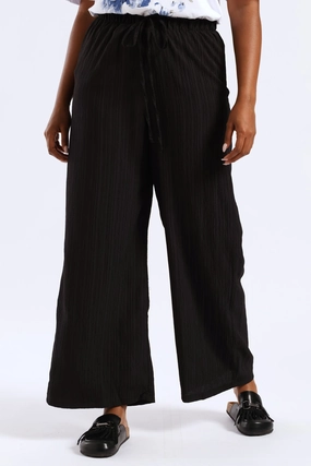 Pull On Drawstring Crinkle Wideleg Pant - Black Straight Leg