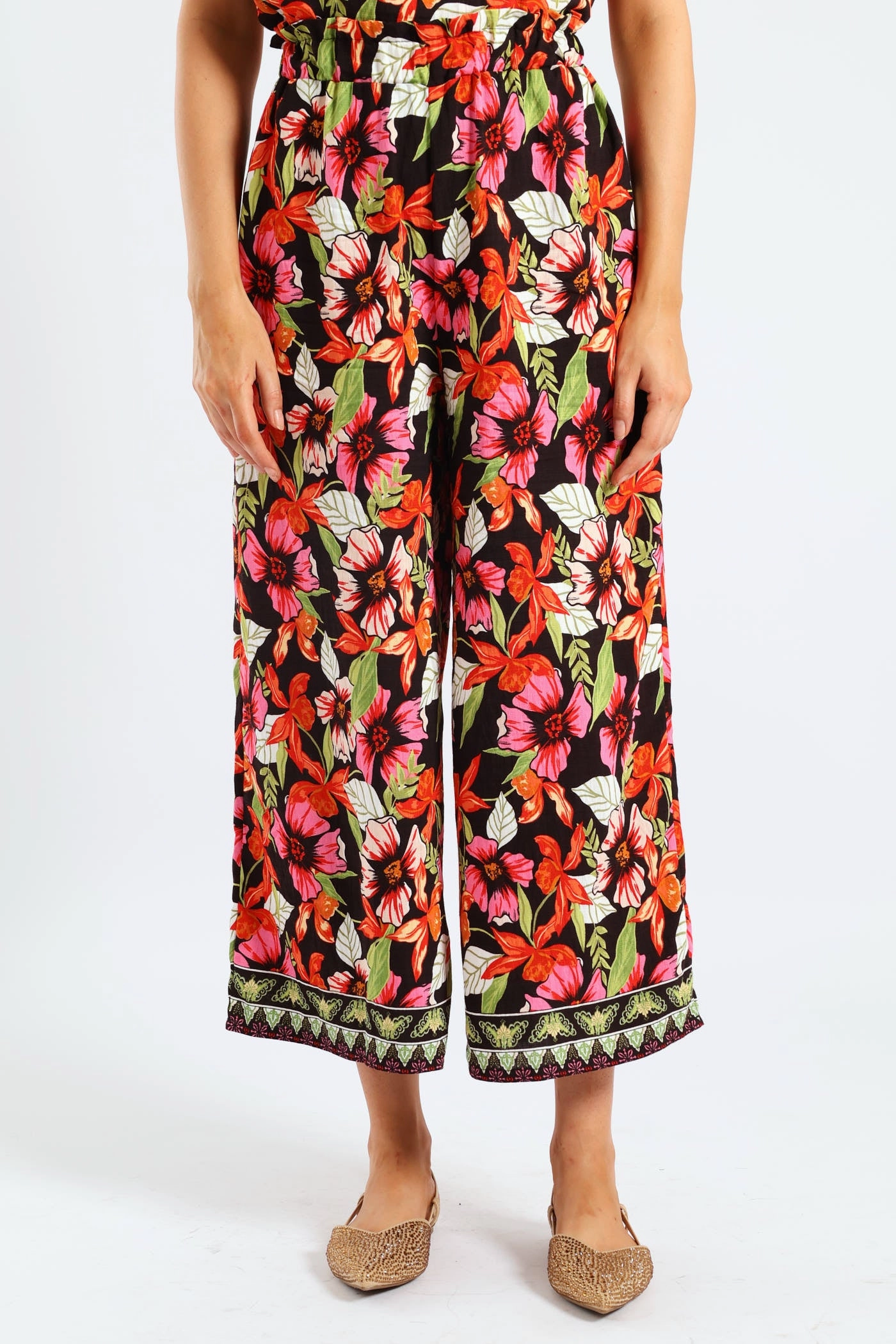 Pull On Drawstring Tropical Floral Wideleg Pant - Multi Flexible Layer Fit Sporty Layers