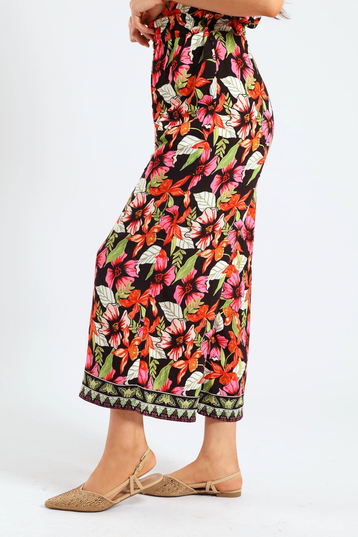 Pull On Drawstring Tropical Floral Wideleg Pant - Multi Non Binding Waist