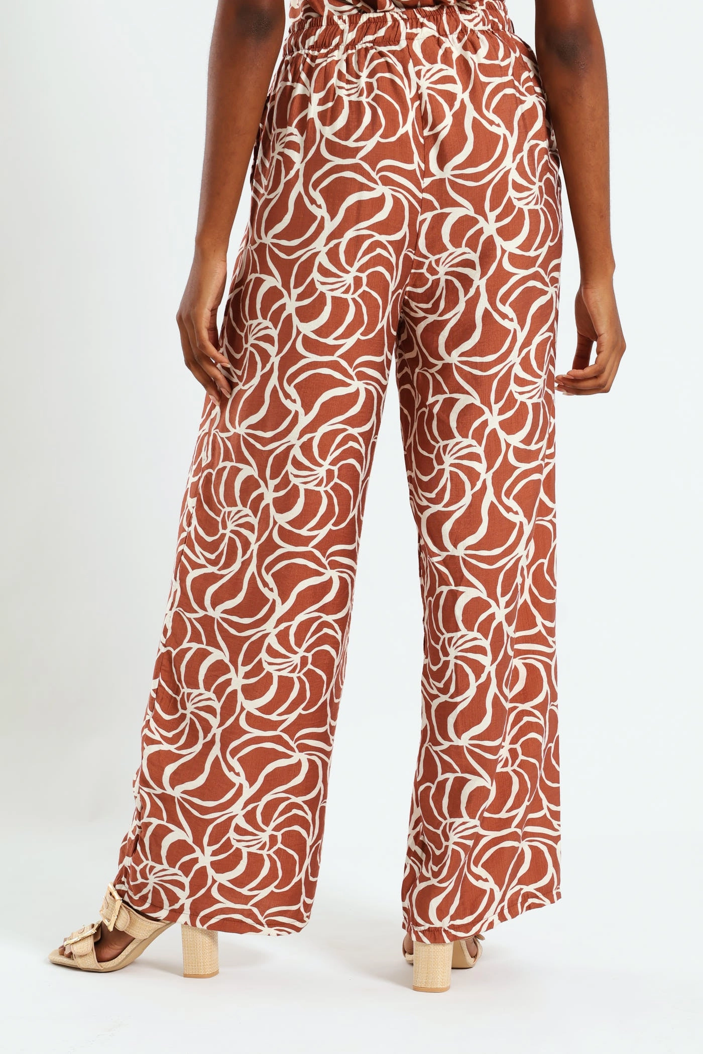 Pull-On Drawstring Wideleg Pant - Rust/Cream Stretchable Sporty Chic