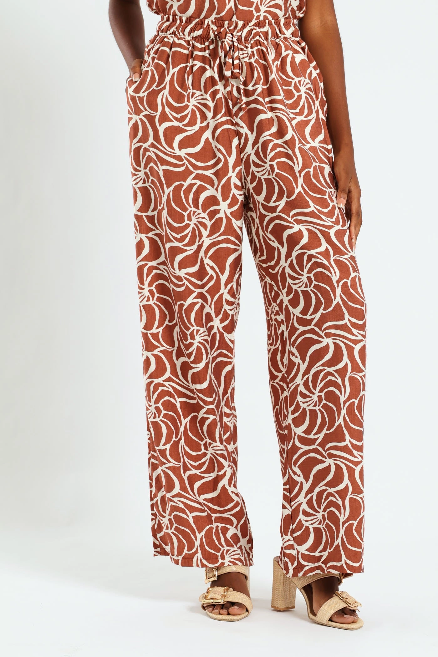 Pull-On Drawstring Wideleg Pant - Rust/Cream Multi-Purpose Wear