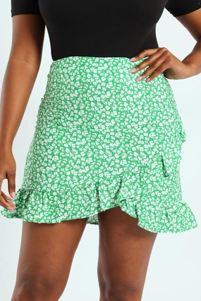 Smooth Look Outfit Mood Pull-On Mock Wrap Frill Hem Mini Skirt - White/Green