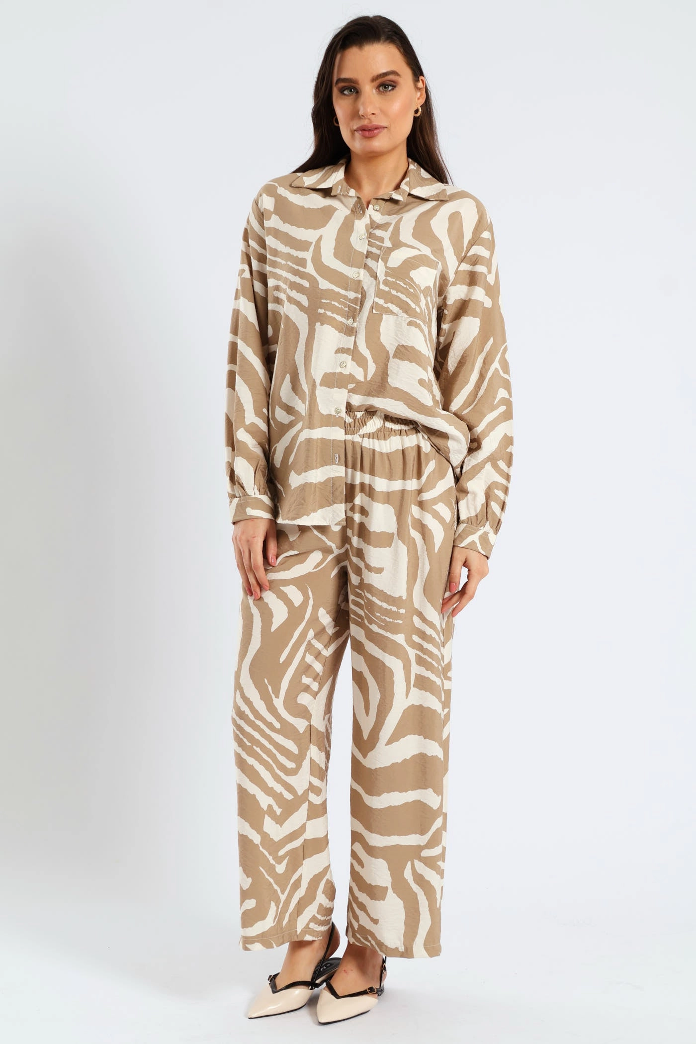 Pull-On Wide Leg Zebra Culotte Pants - White/Beige Light Waist NonIrritatingSeams