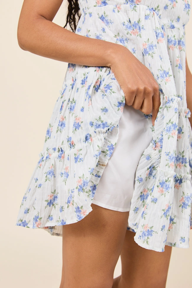 Minimal Details Front-Zip Change My Tune Blue Floral Square Neck Romper Dress