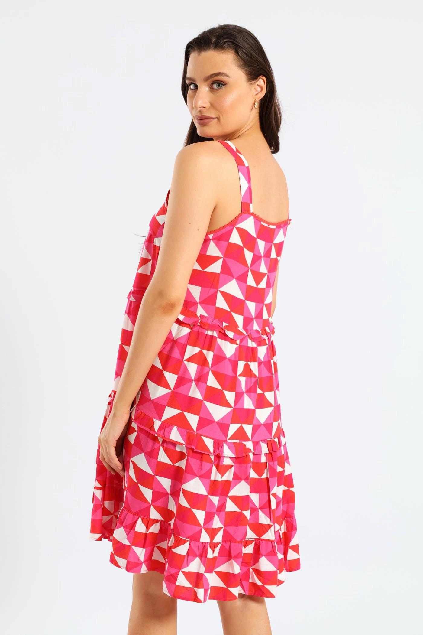 Rickrack Detail Tiered Mini Sun Dress - White/Pink Flattering and Effortless