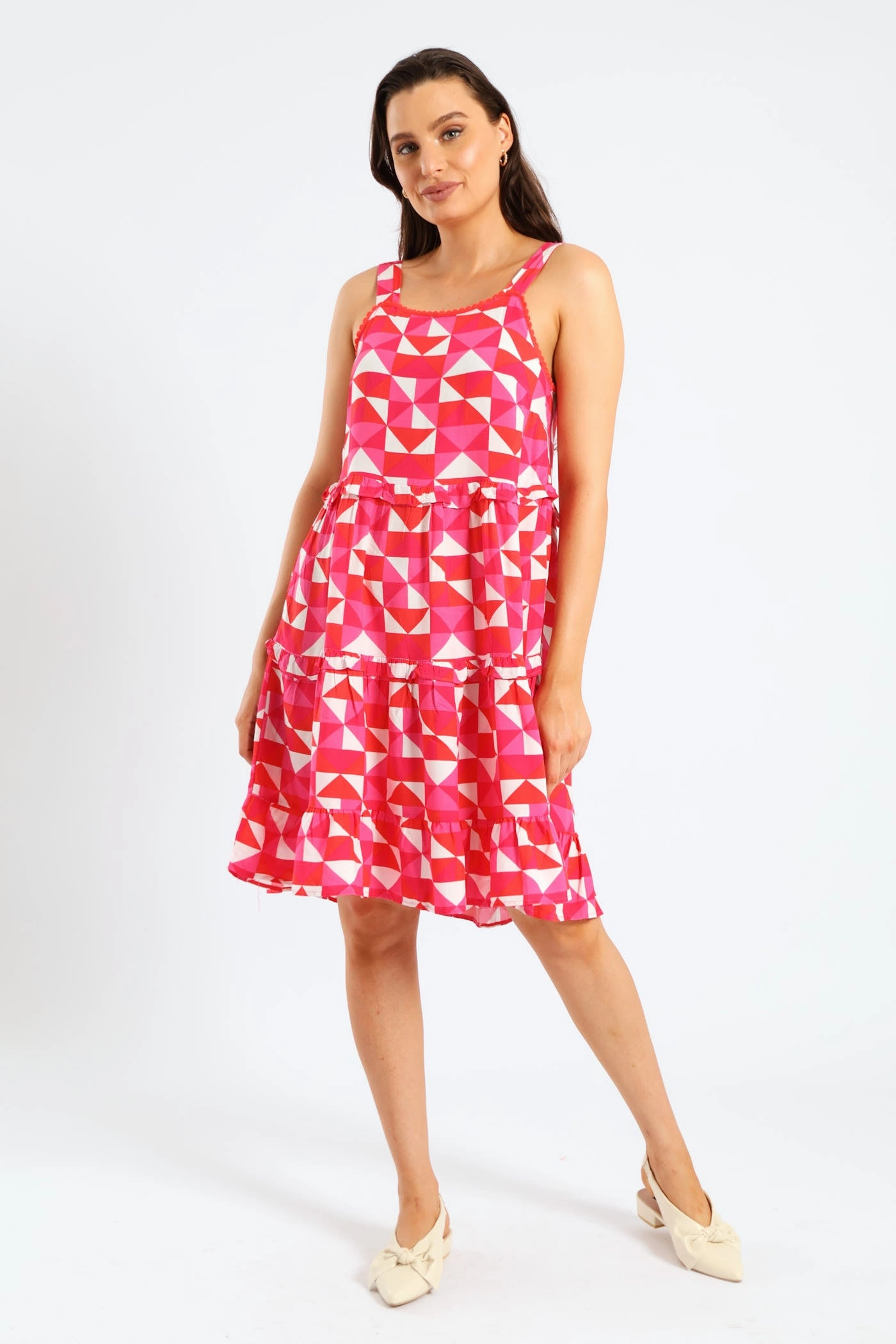 Rickrack Detail Tiered Mini Sun Dress - White/Pink Light Movement Modest Cut