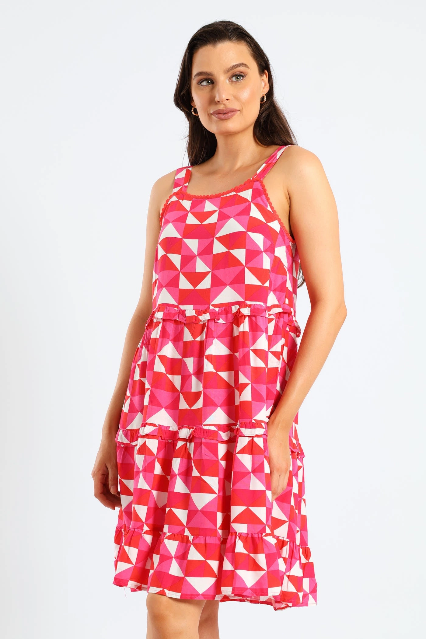 Rickrack Detail Tiered Mini Sun Dress - White/Pink Effortless Style