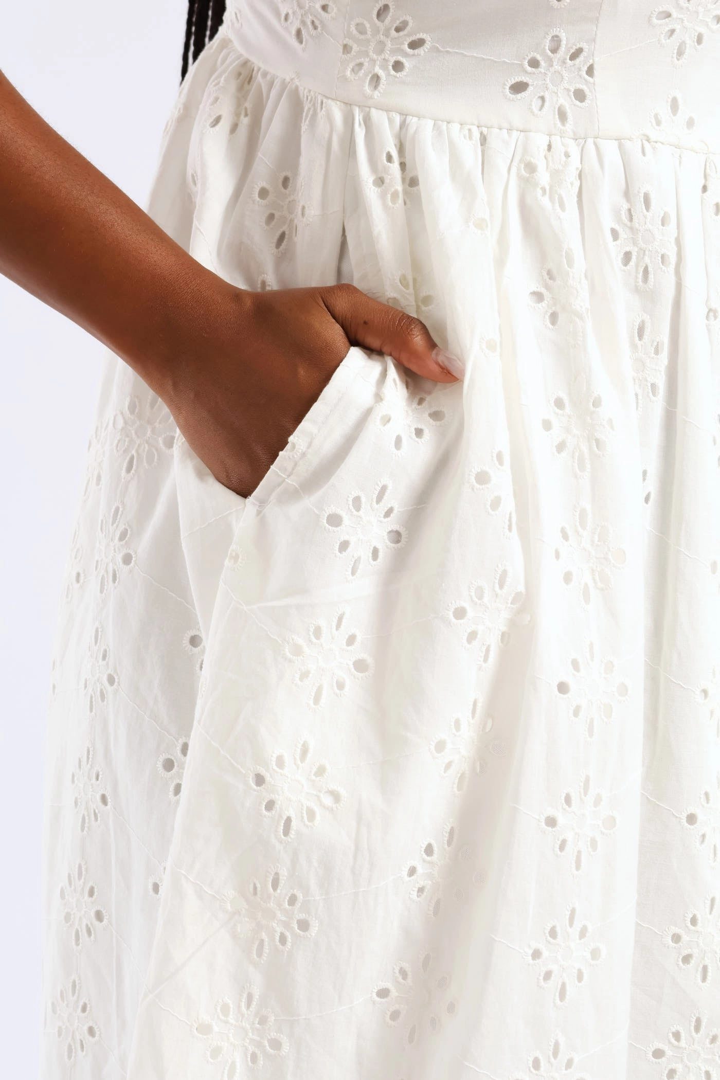 Strappy Babydoll Anglaise Tie-Back Midi Dress - White Fall Silhouette