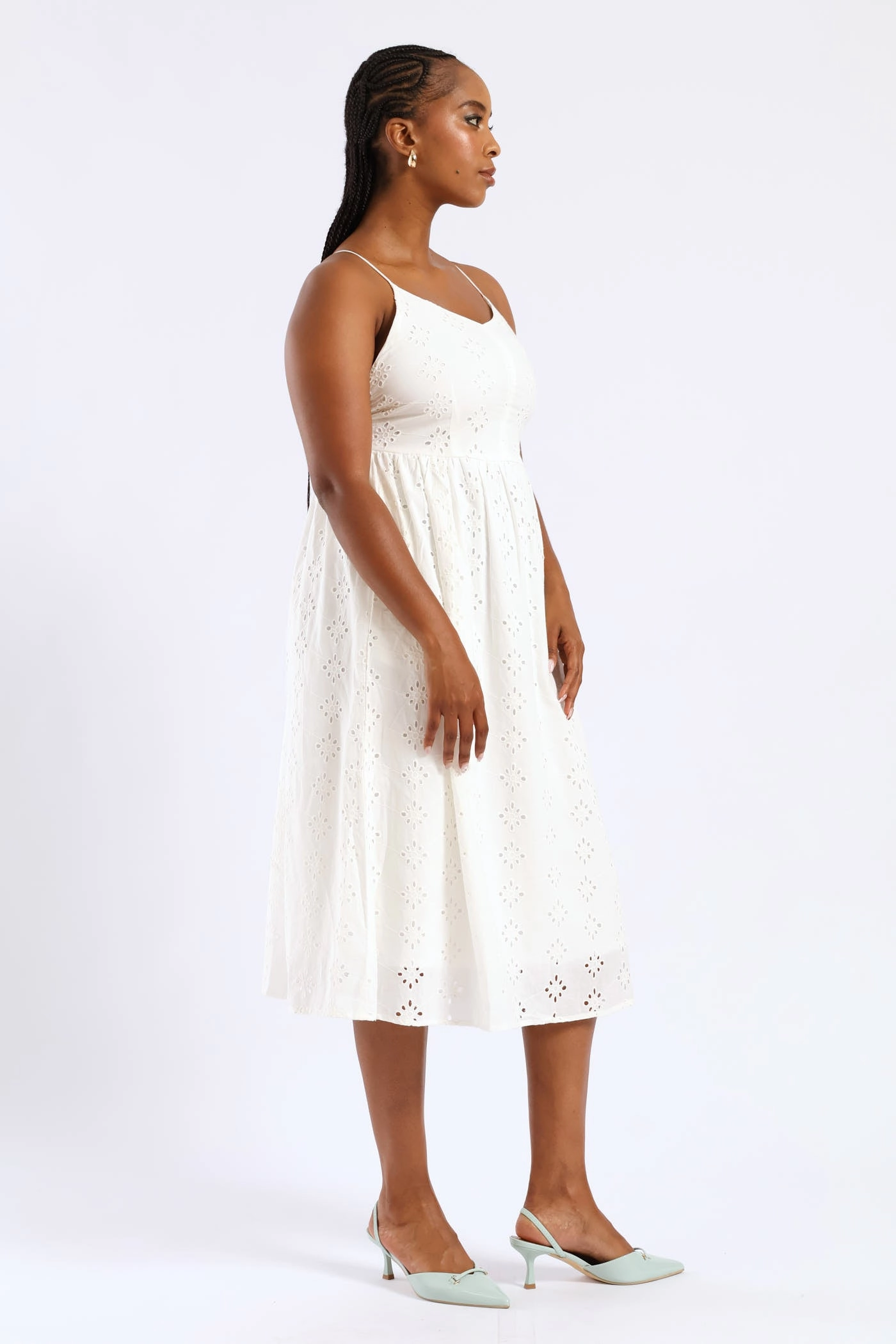 Mood Look Strappy Babydoll Anglaise Tie-Back Midi Dress - White