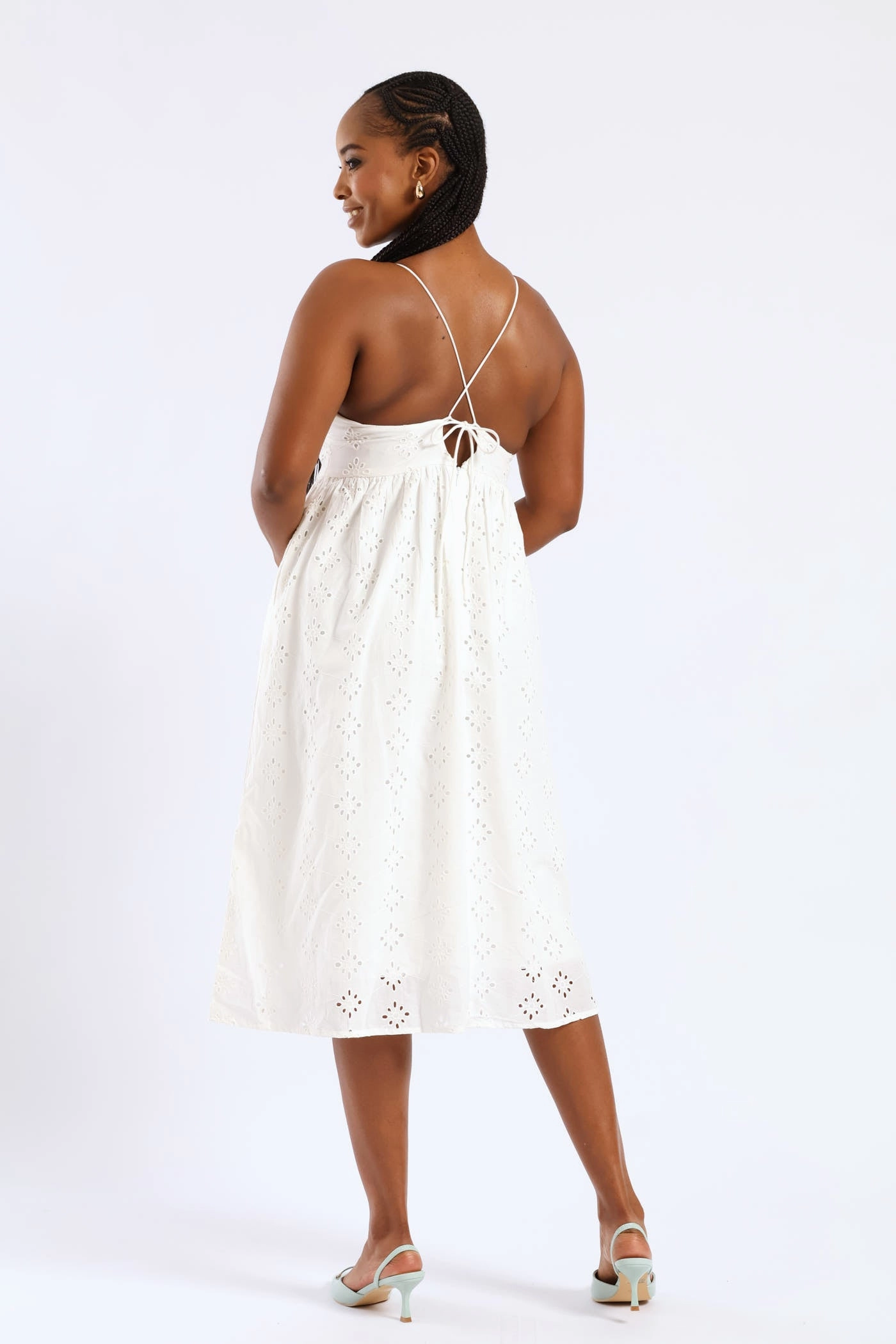 Strappy Babydoll Anglaise Tie-Back Midi Dress - White Ruffle Detail Office Cool
