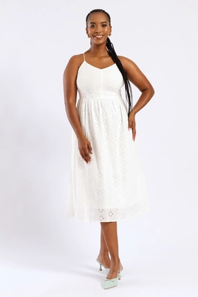 Strappy Babydoll Anglaise Tie-Back Midi Dress - White Soft Shine
