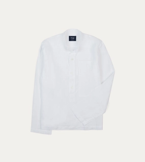 Seamless Shoulder White Linen Mandarin Collar Popover Shirt