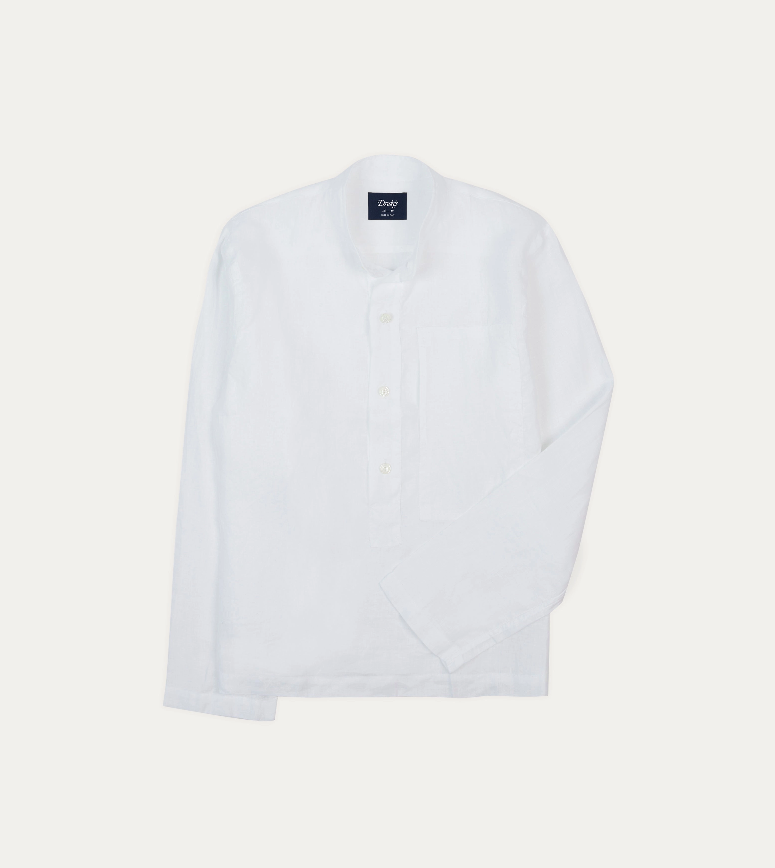 Seamless Shoulder White Linen Mandarin Collar Popover Shirt