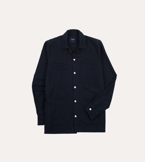 Navy Wool Four-Pocket Camp Collar Work Shirt Lightweight Weave