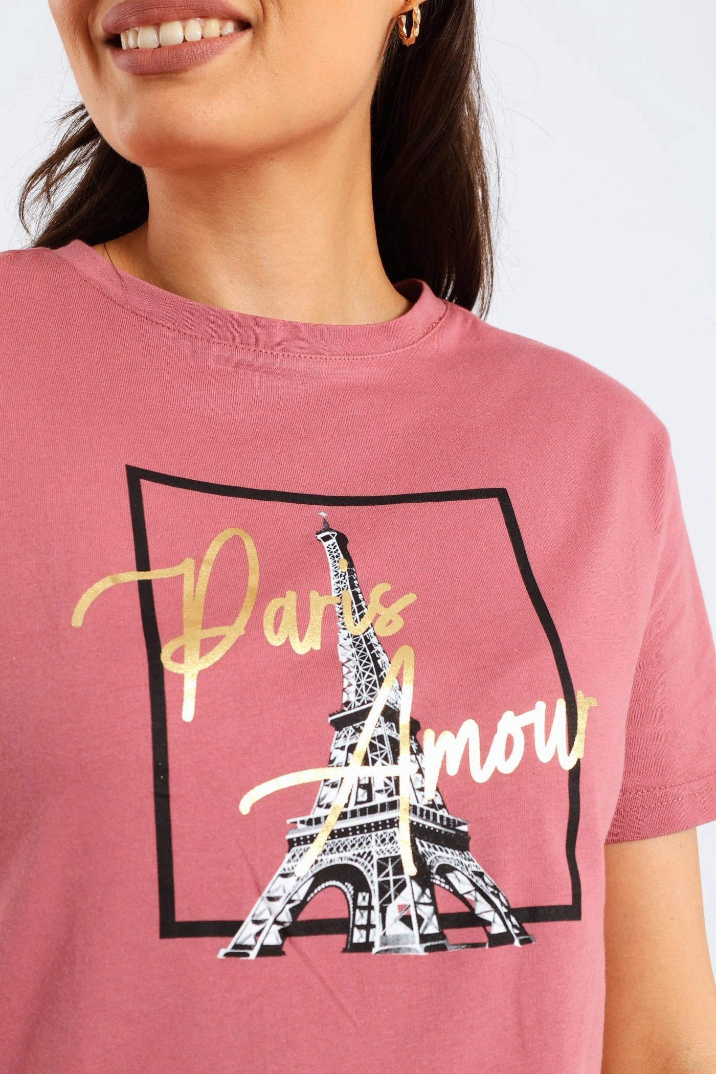 Paris Amour Eiffel Tower Frame Foil Regular Tee - Deco Rose Mesh Lining