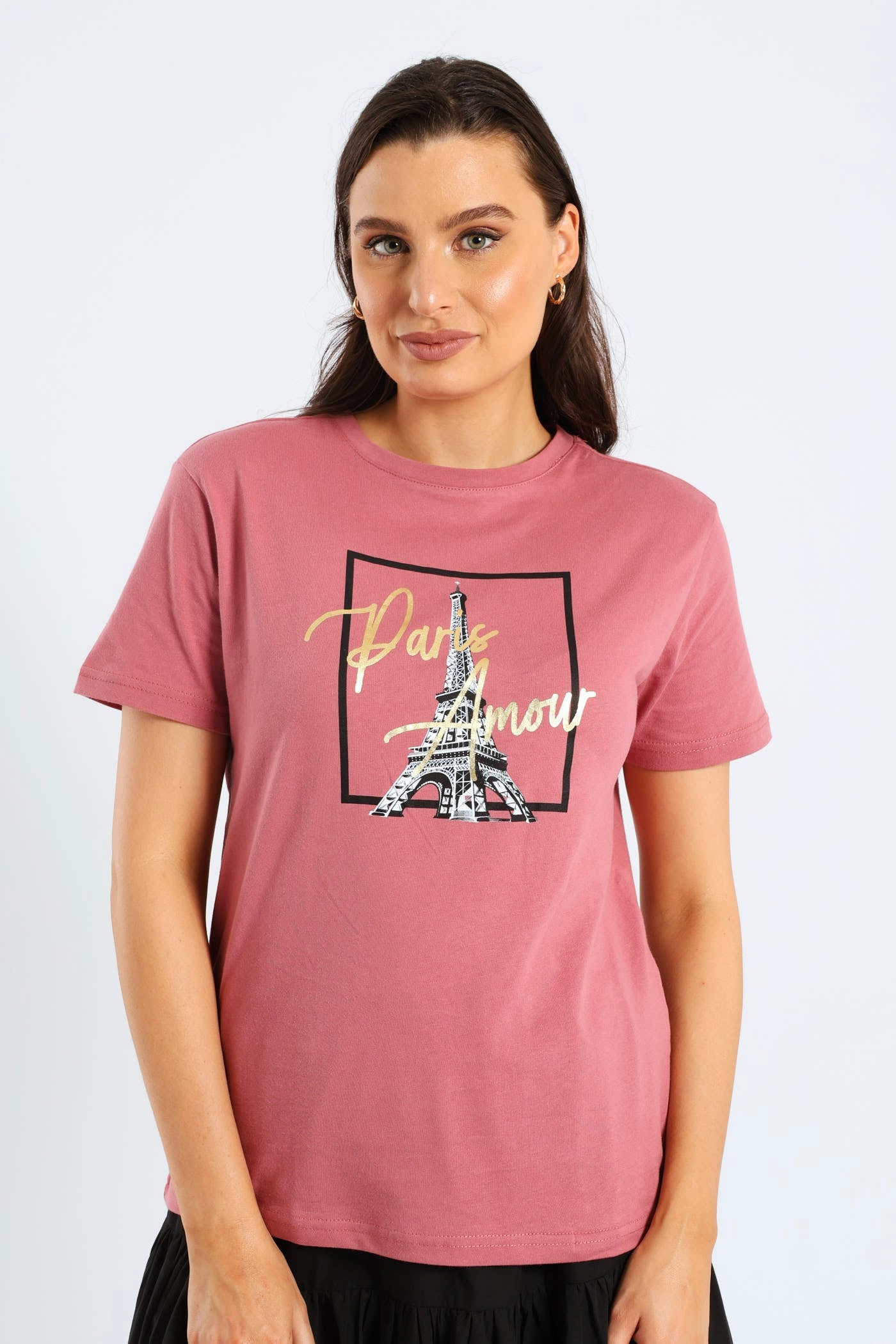 Paris Amour Eiffel Tower Frame Foil Regular Tee - Deco Rose Ribbed Neckline NonRestrictive Fit