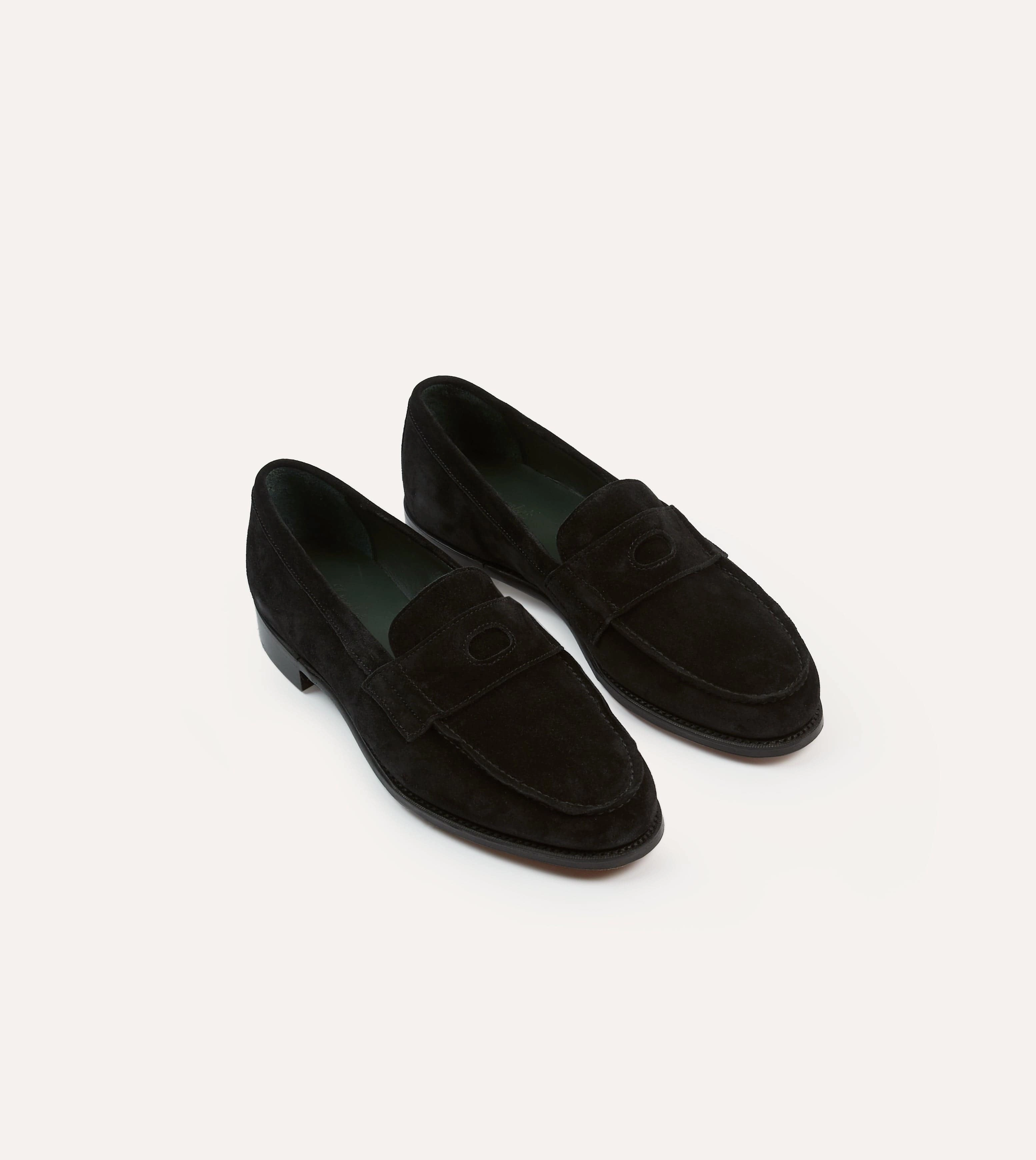Drake's by A. Levine Black Suede Charles Mk II Goodyear Welted Penny Loafer breathable insole