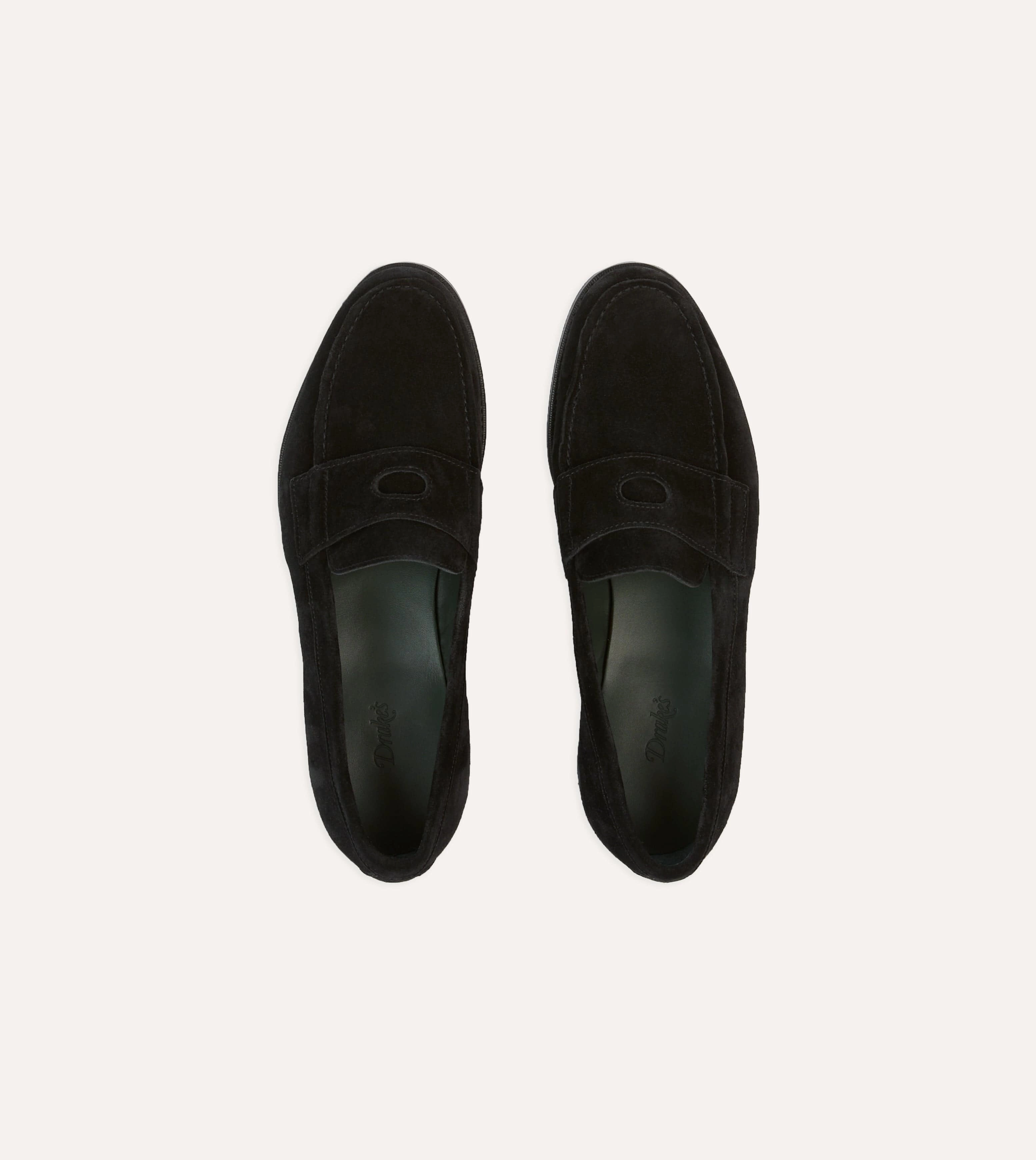 City Mode Icon Look Drake's by A. Levine Black Suede Charles Mk II Goodyear Welted Penny Loafer