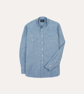 Chambray Cotton Mandarin Collar Shirt Unstructured Shoulder