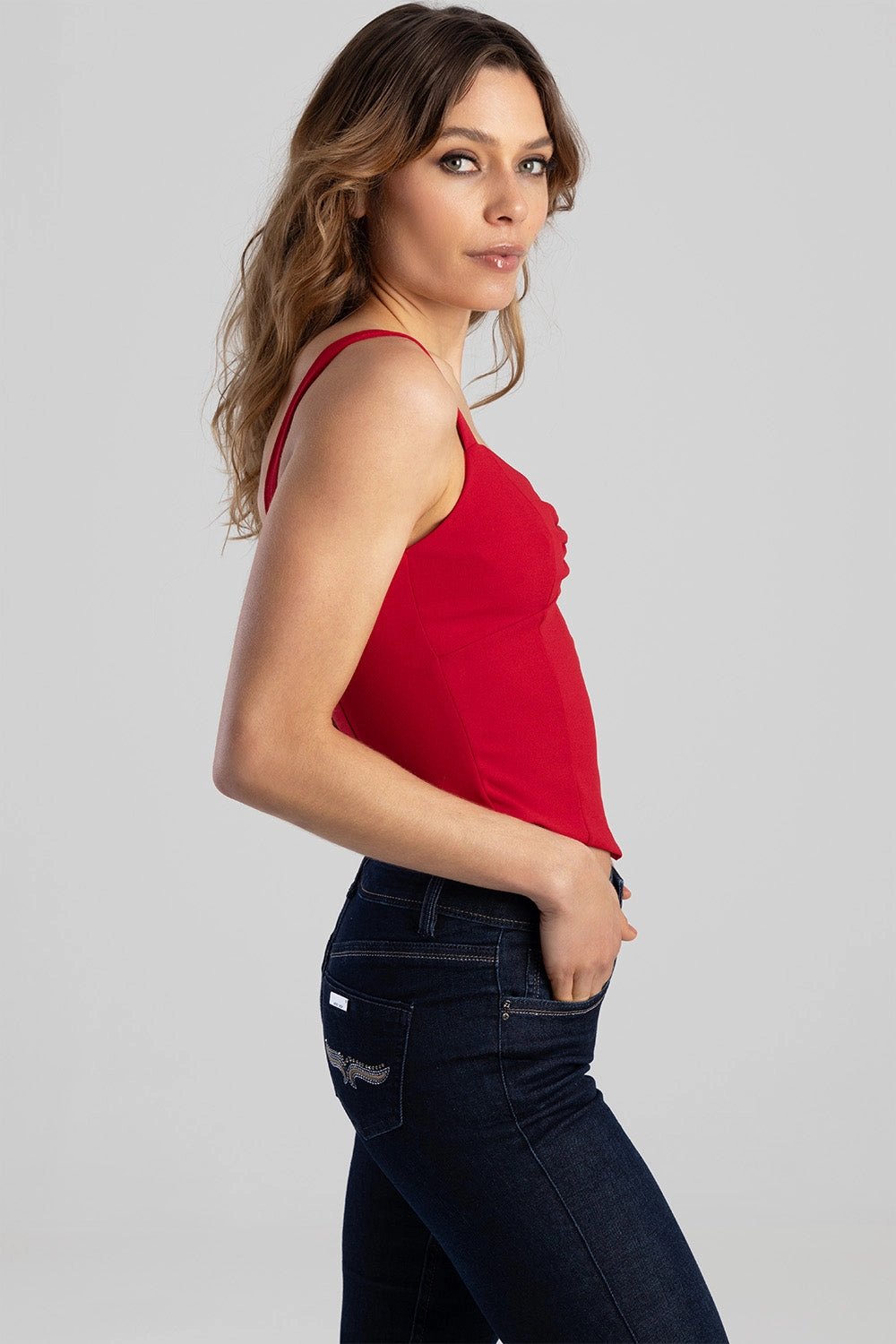 Over The Bust Ruched Corset Style Crop Top - Red Low Profile Collar