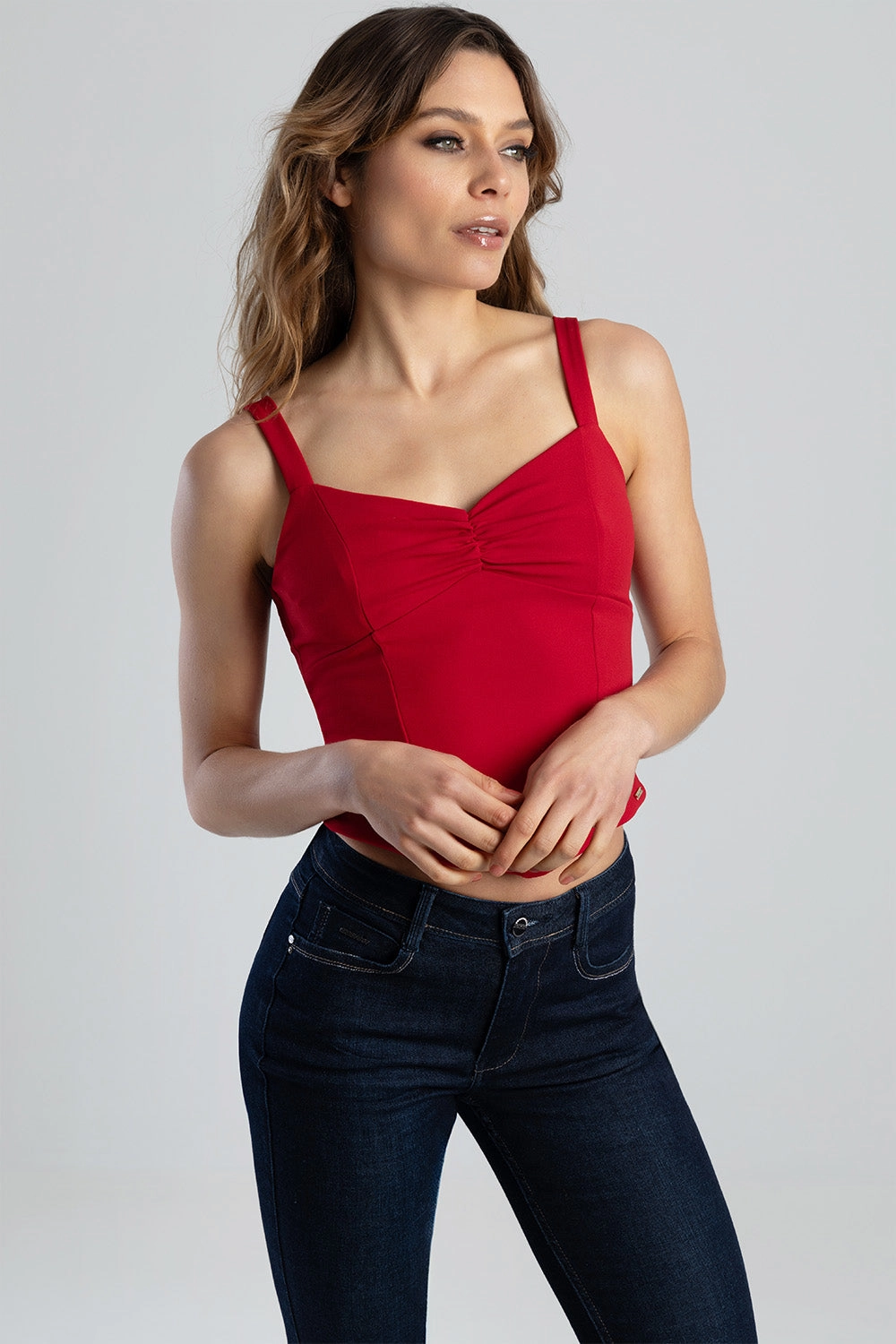 Over The Bust Ruched Corset Style Crop Top - Red Low Profile Waistband Integration RubberizedGrip