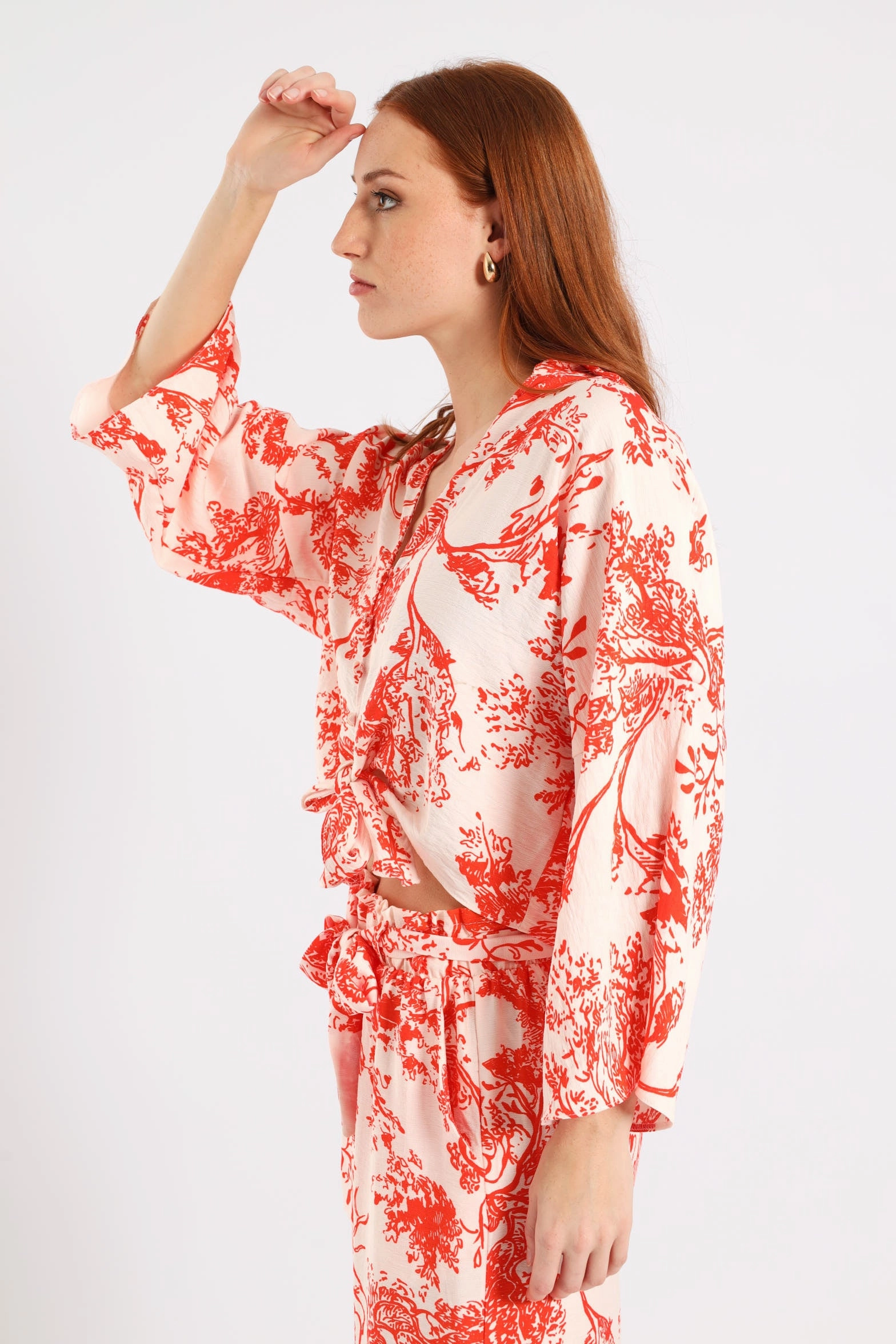 3/4 Sleeve Tie Front Linen Shirt - White/Orange StretchKnit NonChafeCollarTech