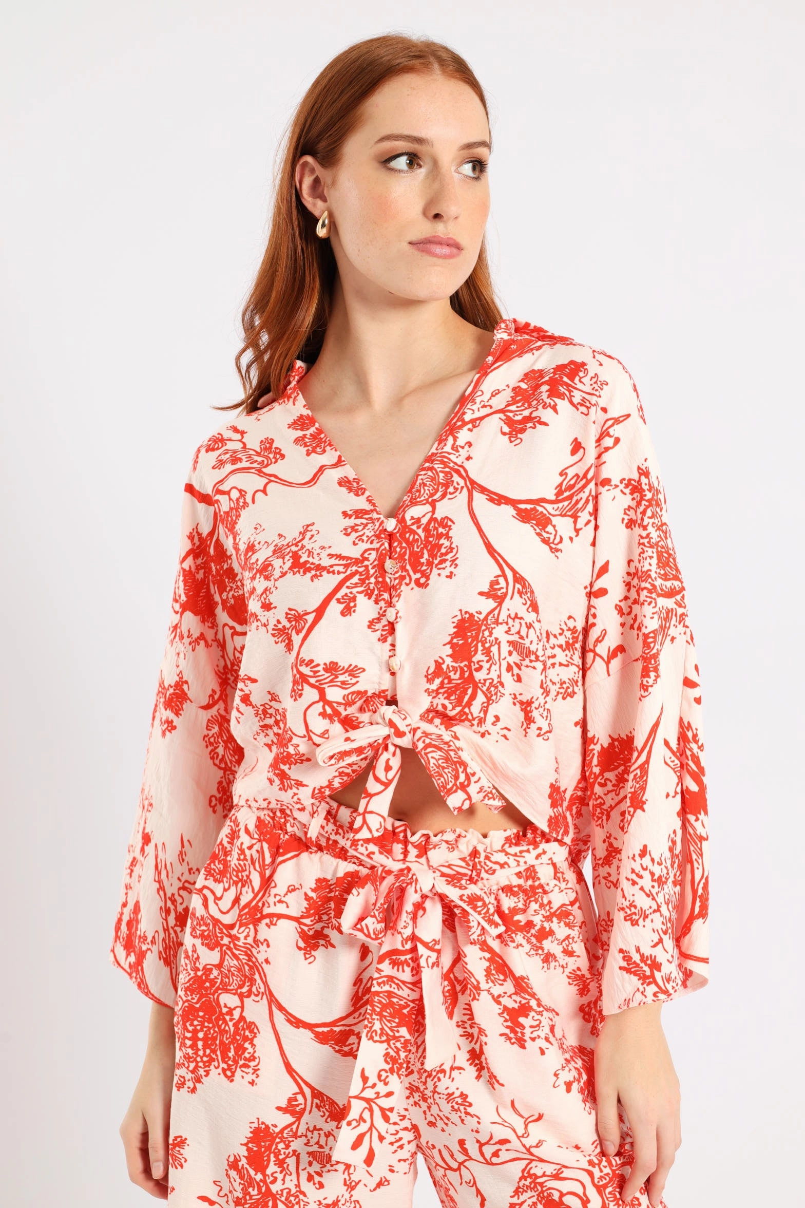 3/4 Sleeve Tie Front Linen Shirt - White/Orange FoldableFeature