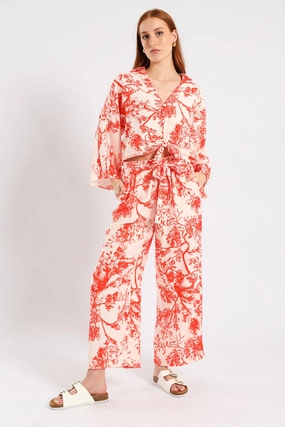 Moisture Wicking Material LowProfileSeams 3/4 Sleeve Tie Front Linen Shirt - White/Orange