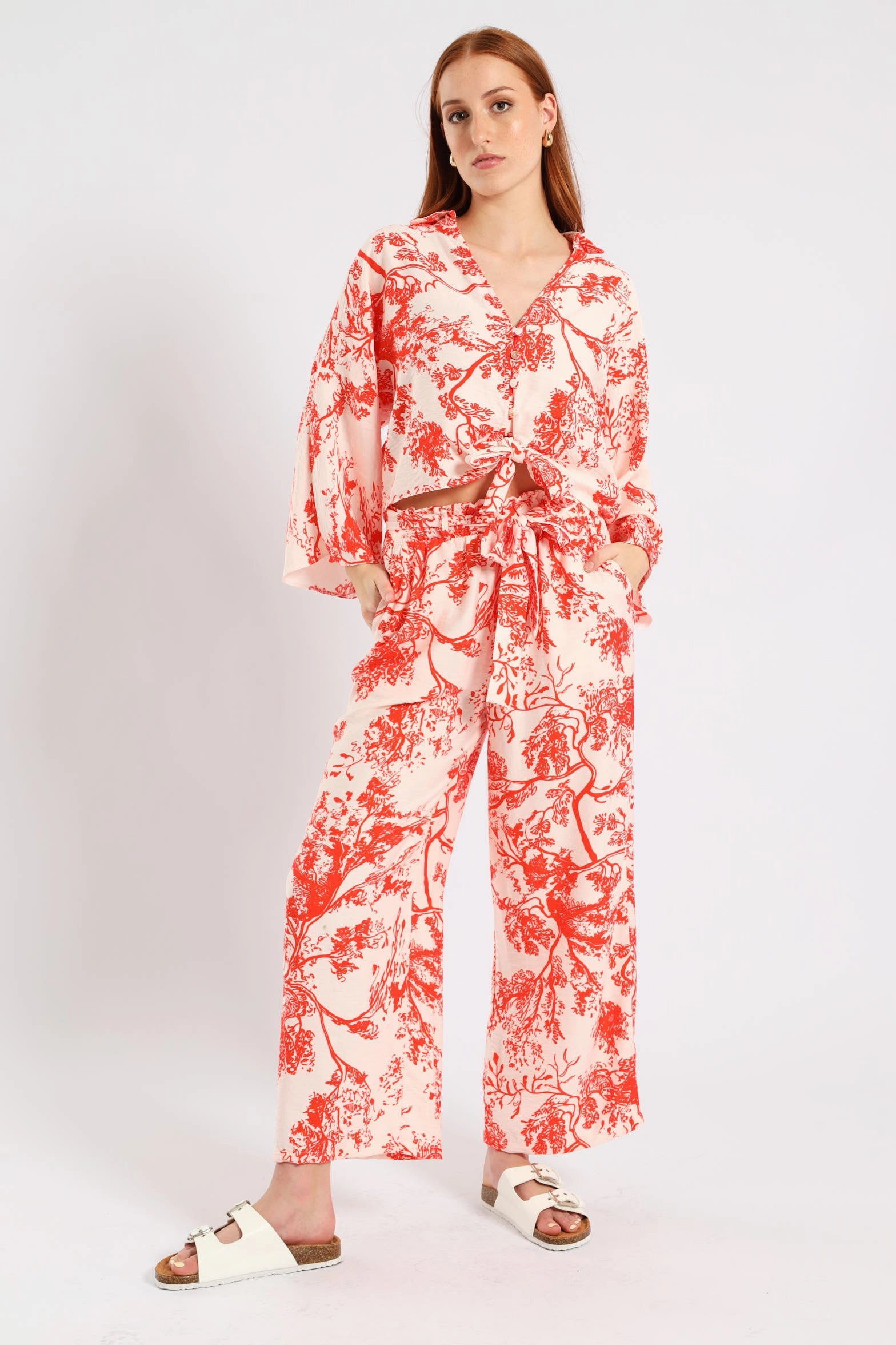 Moisture Wicking Material LowProfileSeams 3/4 Sleeve Tie Front Linen Shirt - White/Orange