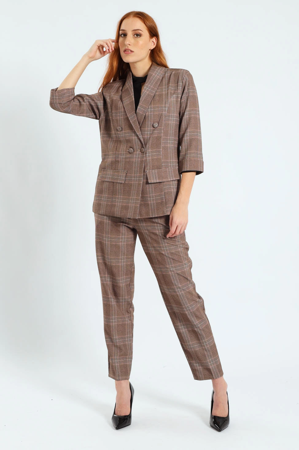 Turn Up Check Sleeve Blazer - Brown Compact Fit Look UV protection layer