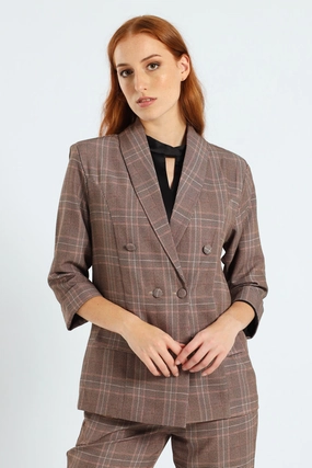 Sporty Casual Anti Pilling Surface Treatment Turn Up Check Sleeve Blazer - Brown