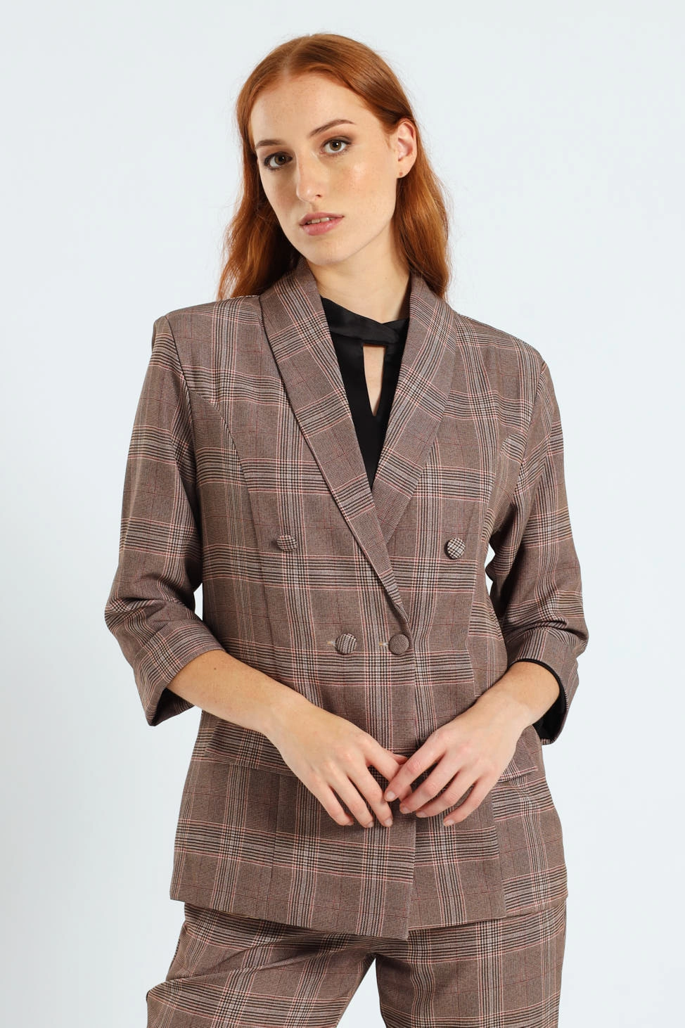 Sporty Casual Anti Pilling Surface Treatment Turn Up Check Sleeve Blazer - Brown