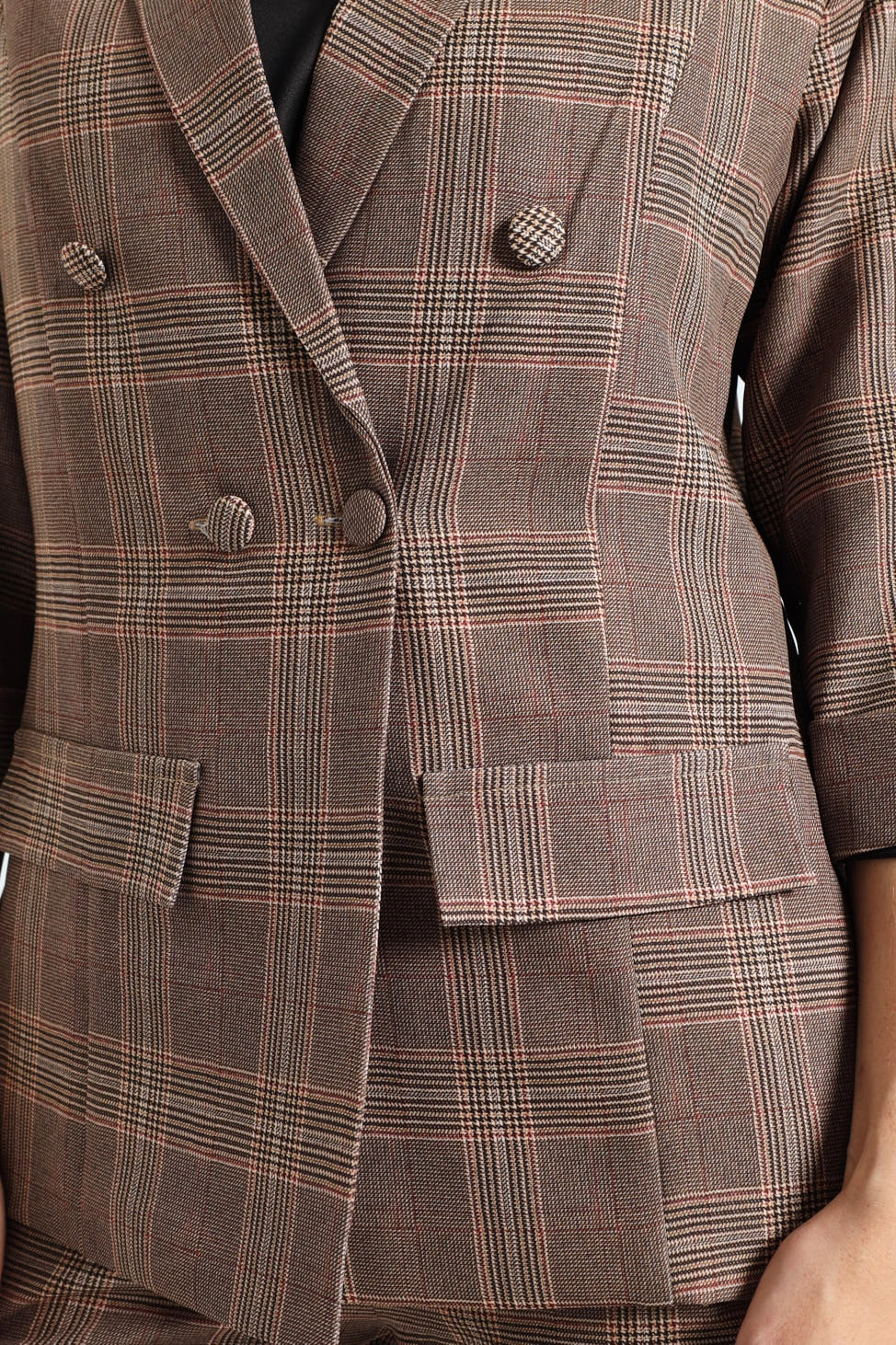 Mid Length Cut Turn Up Check Sleeve Blazer - Brown