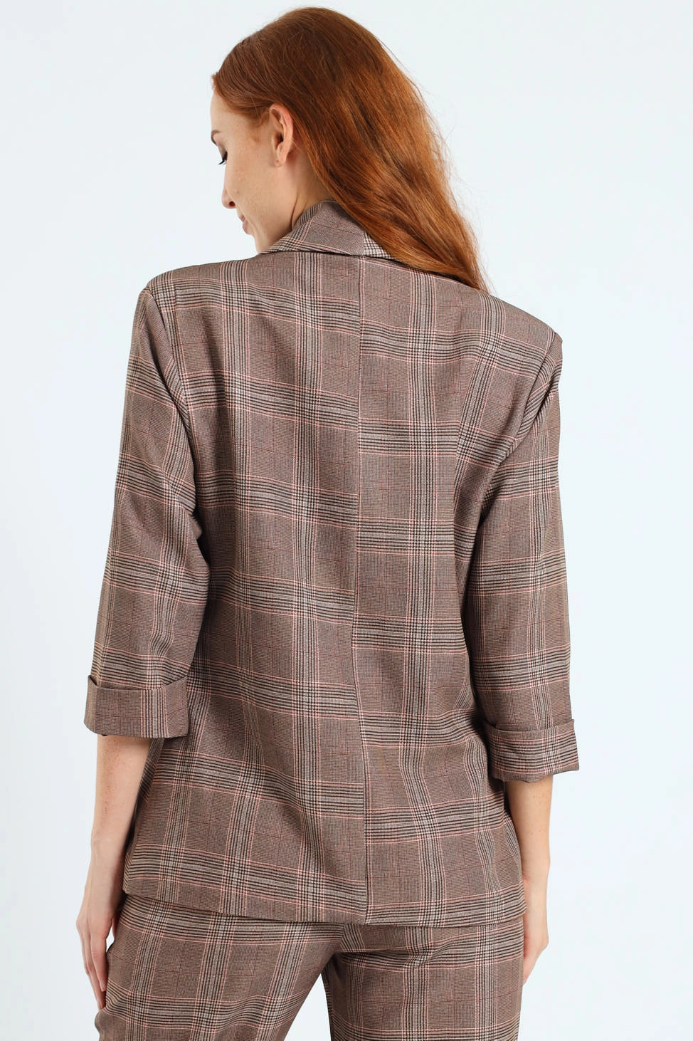 Turn Up Check Sleeve Blazer - Brown TapedSeamConstruction